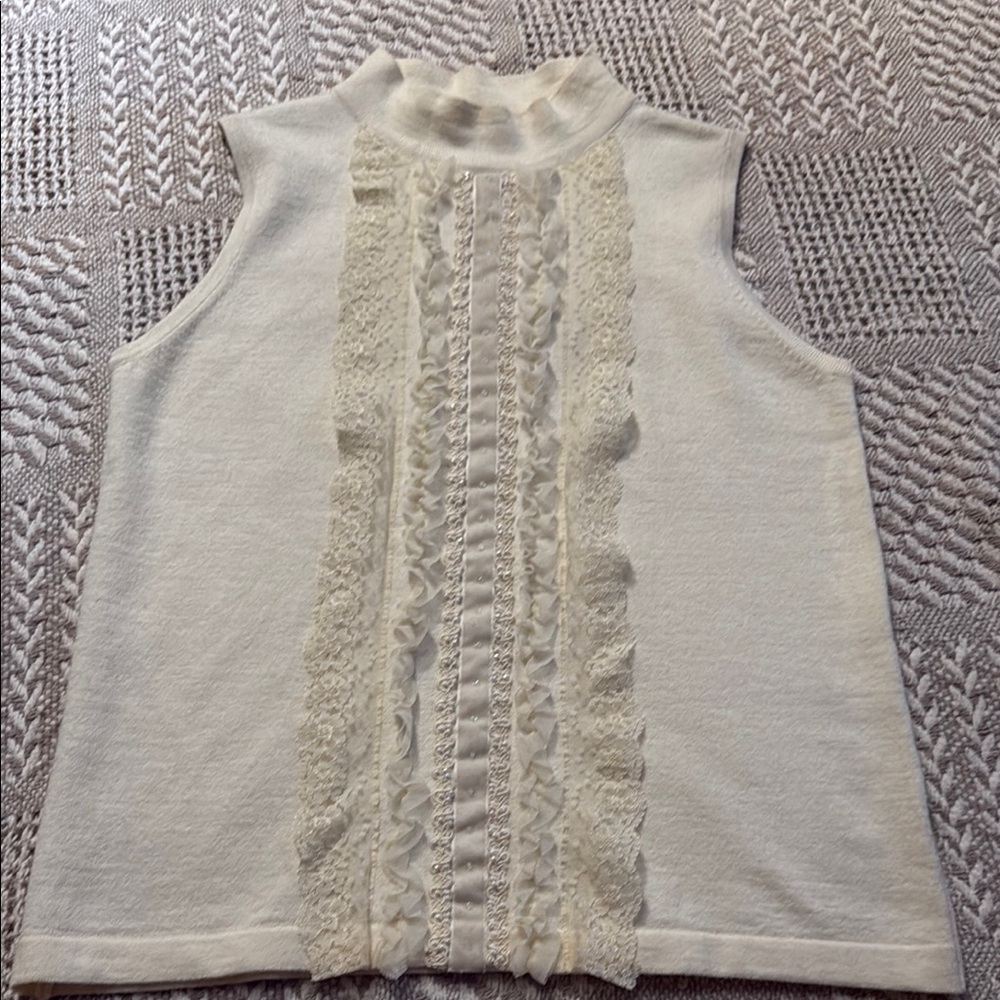 Cream Ruffled Sleeveless Tank Top with Mandarin Collar